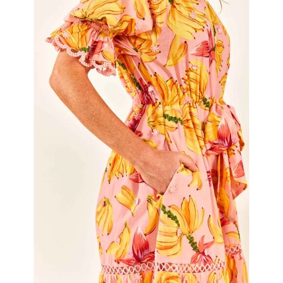 Farm Rio Midi Dress Banana Taste Off The Shoulder Pink Yellow nwt Size Small S - Picture 2 of 9